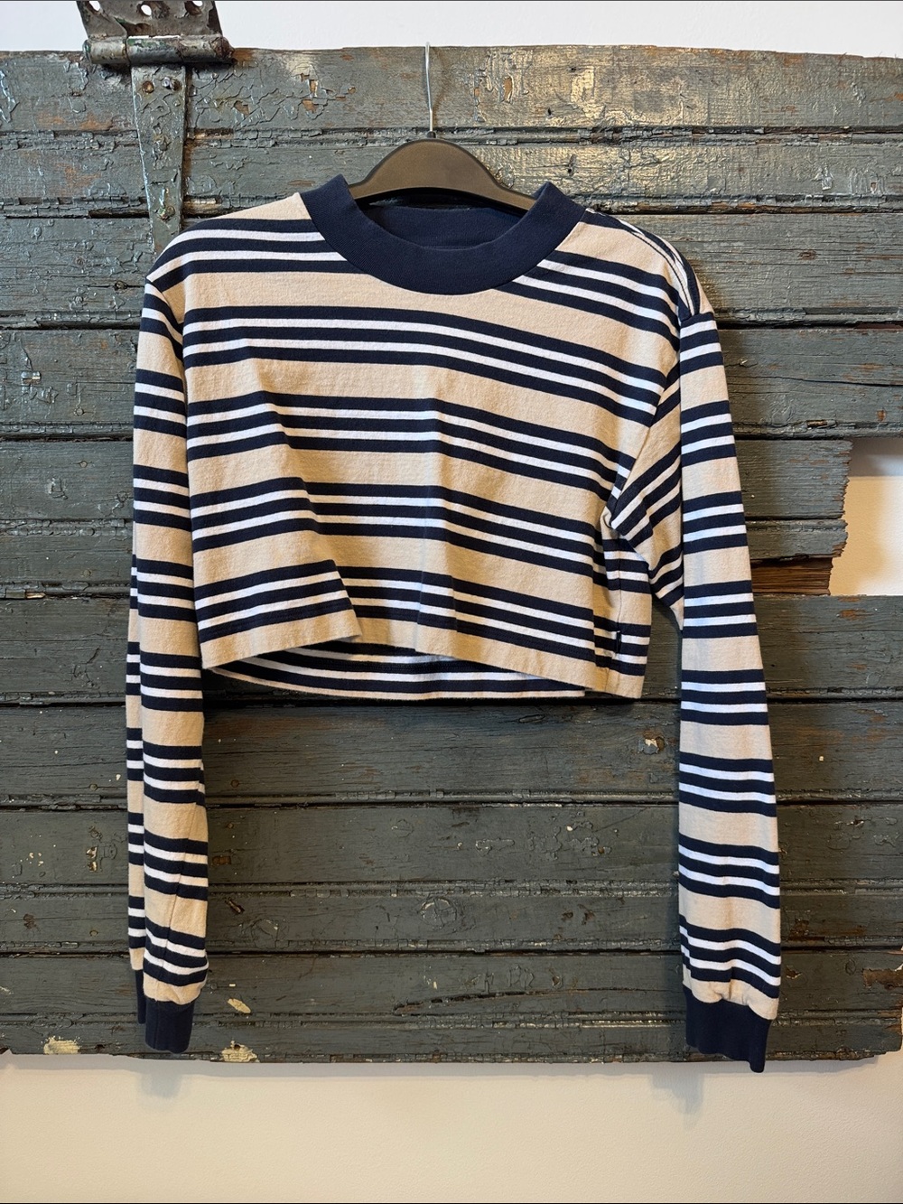 TNA Womens Cropped Long-Sleeve Stripe Top in Navy and Cream